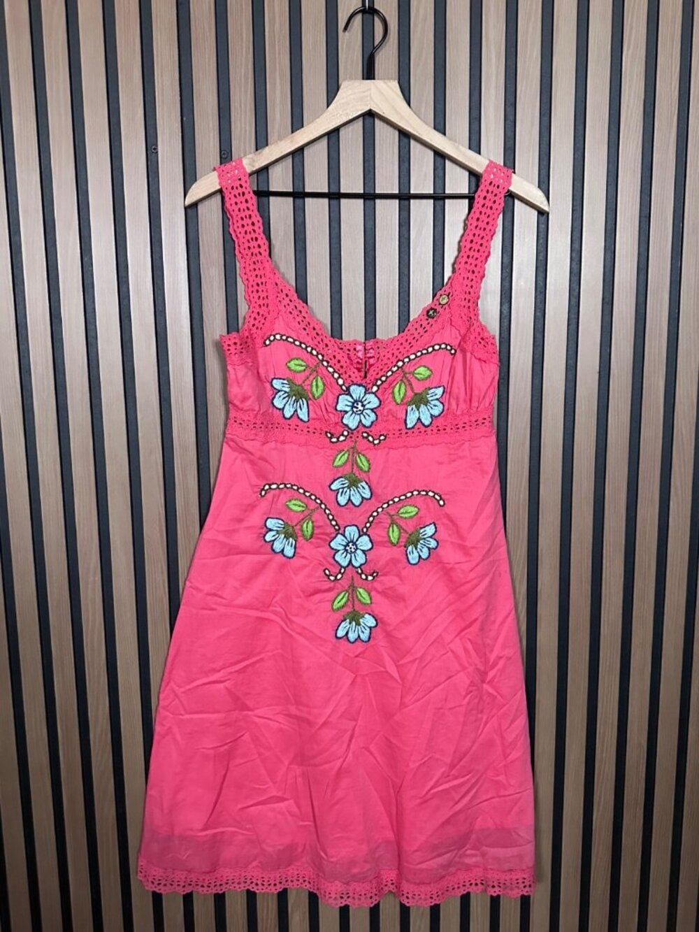 New Johnny Was Dress Small Womens Pink 100% Cotton Hand Embroidered Joystick